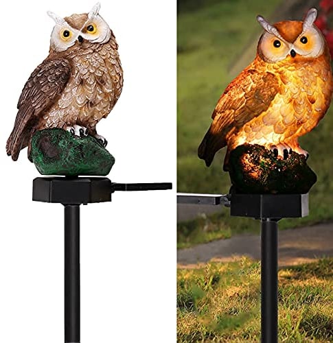 FUFRE Eule Garten Statue, Gartenfiguren, Gartendekoration/Indoor Eule Figuren Skulptur Premium Bird Repellent Gefälschte Eule Ornamente Craft Dekorationen (Mit Solar Lampe)