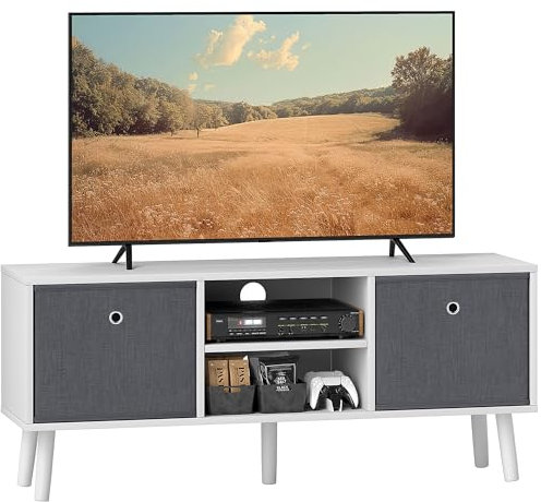 HOMCOM TV Cabinet Stand Unit for TVs up to 50 Flat Screen with Foldable Drawers and Shelves, Entertainment Centre for Living Room, Bedroom White and Grey