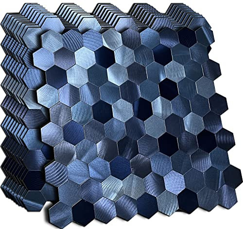 XUANINY 10 fogli di piastrelle in metallo, autoadesive, mosaico in alluminio, decorazione da parete per cucina, design esagonale, adesivo da parete 3D smerigliato (28 x 29,2 cm) (blu scuro 10)