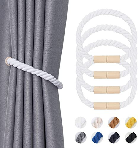Pretty Jolly 4 Stück Magnetische Vorhang Raffhalter aus Holz, Boho, Heimdekoration, drapierte Raffhalter, handgefertigt, Baumwollseil, Vorhanghalter für Zuhause und Büro, Fenstervorhänge (Weiß)