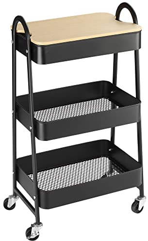 HOMCOM Desserte Chariot de Rangement en Acier à roulettes avec 3 Niveaux, Plateau MDF, poignées dim. 45L x 31l x 79,4H cm