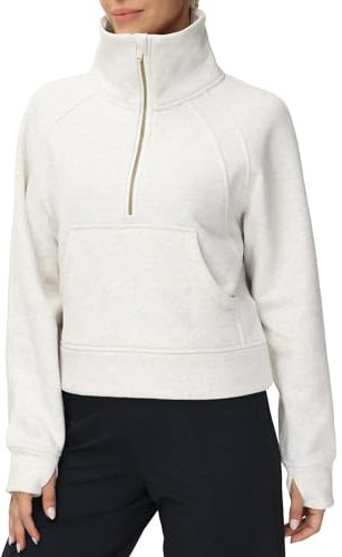 Felpa da donna mezza zip pullover felpa in pile colletto con tasche foro per il pollice, bianco sporco, X-Large