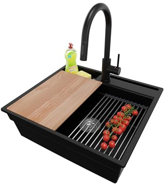 PRIMAGRAN Granitspüle ab 60er Unterschrank + Küchenarmatur, 58x53cm | Set: Küchenarmatur BW9010 + Ablauf-Set (Siphon, Ablaufgarnitur, Überlauf) + Spülbecken 1 Becken - Oslo Pocket, Schwarz