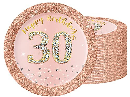 16 PCS Assiette Jetable 7 Pouces,Assiette Anniversaire Rose Gold,Decoration Anniversaire 30 Ans,Assiette Dessert Jetable pour Fêtes Joyeux Anniversaire Decoration,Kit Vaisselle Jetable Anniversaire