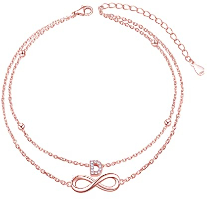 Yuluzeln Fußkettchen Rose Gold mit Buchstaben wasserfest I Fußkette für Damen | Mädchen 26 Buchstabe doppelte Armkette Fußkette- verstellbar (22-27cm) - Geschenke für Freundin Liebeskind Geliebte (D)