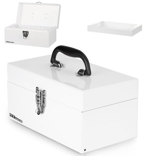 P.I.T. 12’‘ Small Tool Box with Removable Tray, Heavy Steel, Metal Latch Closure, White, Lockable, Mini Tool Case for Household, Warehouse Storage