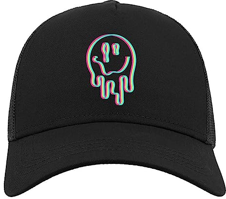 Melting Trippy Smiling Face Acid LSD Trip Halbmaschige Trucker-Cap-Baseballmütze aus Baumwolle Schwarz