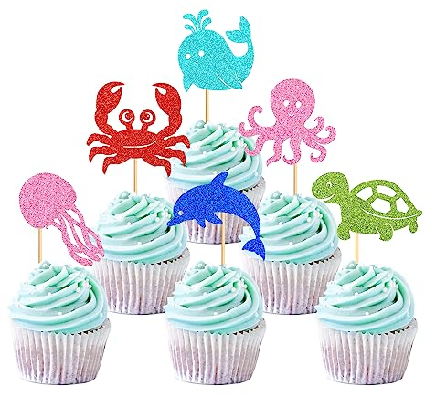 Mermaid Cupcake Toppers Glitter Mermaid Tail Starfish Sea Animal Cake Toppers for Children Adults Mermaid Theme Birthday Baby Shower Party Supplies 24 Pieces