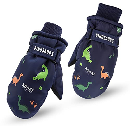 XIAOHAWANG Kids Ski Gloves Baby Boys Winter Dinosaur Glove Toddler Girls Waterproof Mittens 2-8 Years (S, Navy Dinosaur)