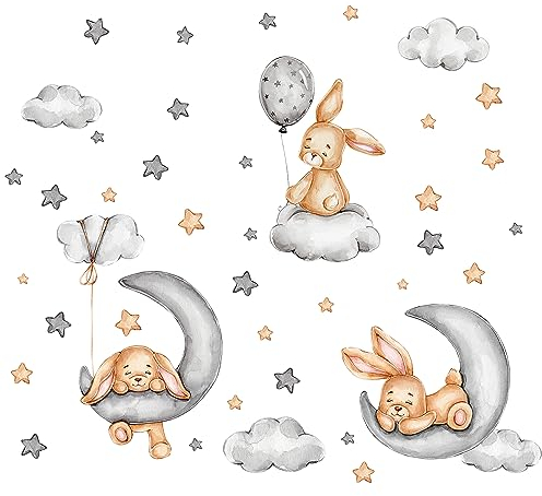 duoyif Pegatinas De Pared Conejos Luna Estrellas Nubes Vinilos Decorativos Conejos Nubes Luna Adhesivos Pared Habitación Infantiles Niños Niño Niña Bebés Guardería Adhesivos Pared Conejos