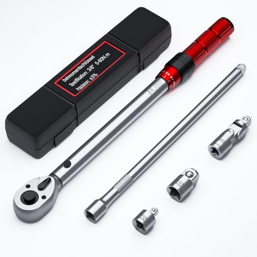 MOCINE Juego de 5 llaves dinamométricas de 3/8, Llave dinamométrica de 3/8, 5-60 NM. Poste de extensión de 250mm, Adaptador de 1/2'' y adaptador de 1/4'', Adaptador o junta universal