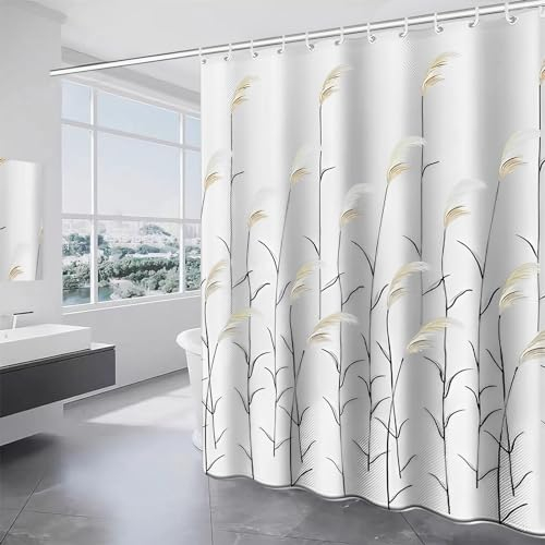 Botanischer Duschvorhang weiß,180x180cm Duschvorhang Anti Schimmel Polyester Duschvorhang Textil, Beschwerter Saum mit 12 Shower Curtain Haken…