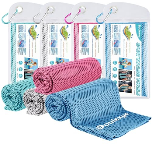 Bouiexye Lot de 4 serviettes rafraîchissantes 100 x 30 cm - Bleu lac - Bleu ciel - Rouge rose - Gris - Serviette rafraîchissante en microfibre - Pour le sport, le fitness, le yoga, les voyages, la
