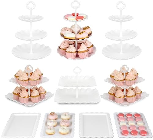 Pack of 11 NWK Cake Stand Set, with 3 x Two-Tier and 3 x Three-Tier Cupcake Stands, 4 x Appetizer Trays, 1 x Tablecloth for Birthday Bridal Baby Shower Party (White)