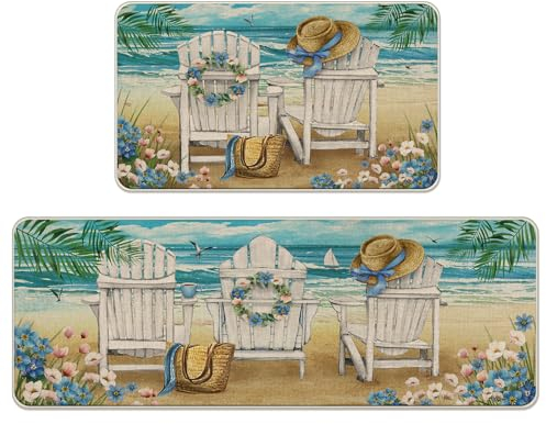 Tailus Küchenteppich, Motiv: Frühling und Sommer, Meeresstuhl, Strandküste, Vergissmeinnicht, Blumenhut, Tasche, Küchenmatten, Dekoration, nautische Möwe, Segelboot, Bodenmatte, Heimdekoration, 43,2 x