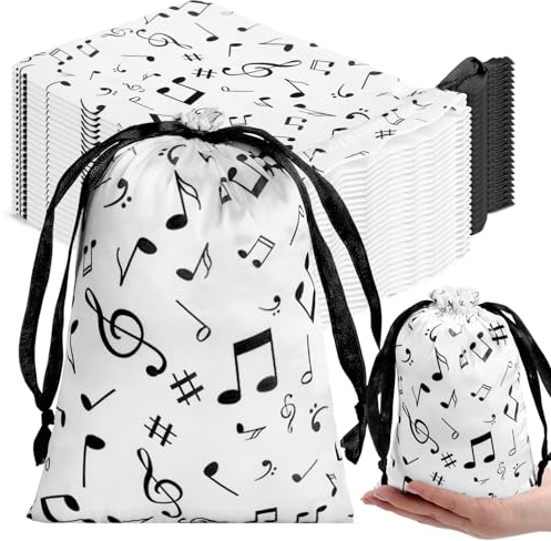 Wesnoy Musiknoten-Geschenktüten mit Kordelzug, Musiknoten, Kordelzug, Musikdekorationen, Partyzubehör für Musiker, Social Media, Musik-Partyzubehör (15,2 x 22,9 cm, Schwarz auf der Weiß), 24 Stück