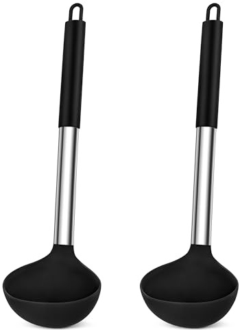 HaWare Suppenkelle, 2 Stück Silikon Schöpflöffel, 30cm Schöpfkelle mit Edelstahlgriff, Groß Soßenkelle zum Servieren und Schöpfen von Suppen & Eintöpfen, Hitzebeständiger & Spülmaschinenfest, Schwarz