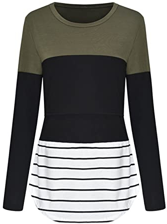 Monika Oberteile Umstandsmode Gestreift Zum Stillen Stillen Druck Ärmel Lange Damen Umstandsbluse Still Shirt Arm (Green, XL)