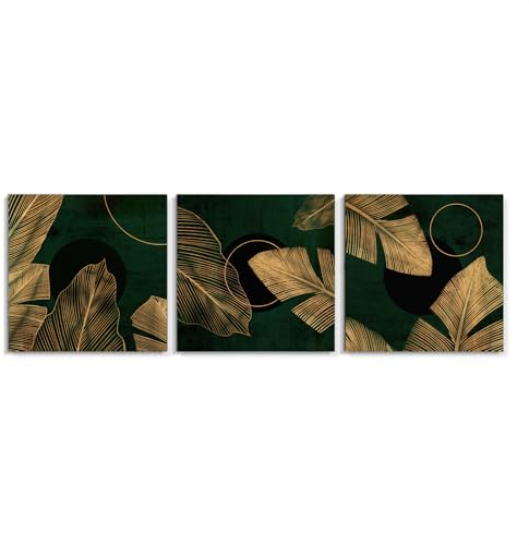 STYLER Leinwandbilder Set Green & Gold 3x 32x32 cm (AUFHÄNGFERTIG) - Elegante Naturmotive in Schwarz, Grün und Gold - Quadratisch