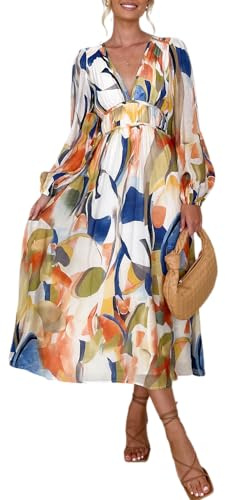 Maxigerui Women's Clothes Clothing Long Sleeve Boho Maxi Dress Floral Print Long Dress Pink Print, C#blue-watercolor Print, S