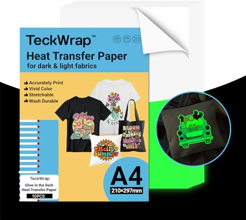 TECKWRAP Glow in Dark Inkjet Heat Transfer Paper A4 x 10 Sheets for Dark or Light Fabric Iron On T Shirt Transfer Paper 210mm x 297mm Printable Transfer Paper Compatible with Inkjet Printer