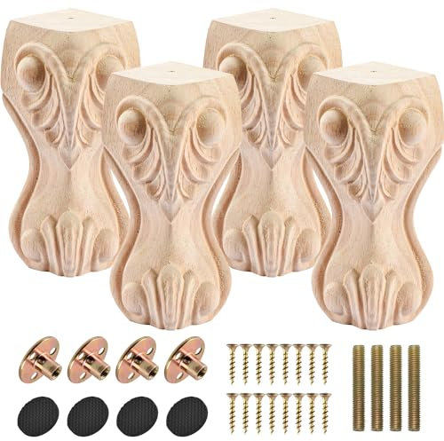 Btowin VCF Lot de 4 pieds de meubles en bois massif sculpté de 20 cm, pieds de canapé géométriques bruts avec plaque de montage et vis pour canapé, armoire, table, support TV