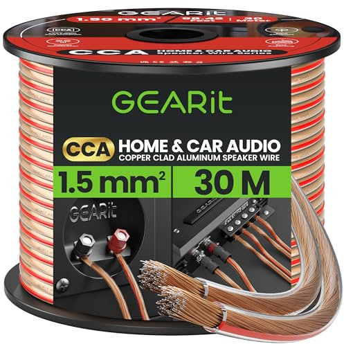 GearIT 16 Gauge 2x1.5mm² Speaker Cable CCA Wire (30m - Clear) Copper Clad Aluminum - Great for Hi-Fi Home Theater and Car Speakers - 16awg