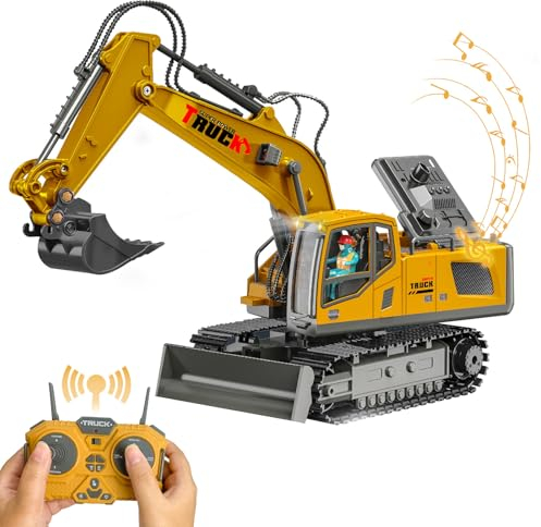 RedCrab Excavadora Teledirigido para Niños, 2.4 GHz Recargable RC Excavadora con el Cubo del Metal, Rotación 680°, Luz y Sonido, Juguete Camión Excavador Regalo de Cumpleaños Navidad