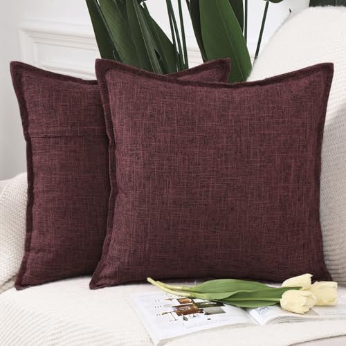 Madizz 2er Set Polyester- Leinen Kissenbezügen Weiche dekorative Kissenbezüge für Sofa Schlafzimmer Kissenhülle Burgunderrot 40x40 cm Quadrat