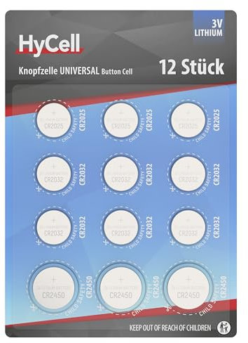 HyCell Set pile a bottone al litio 12 pezzi, CR2025 CR2032 CR2450, lunga durata