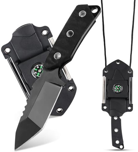 Outdoor Messer Feststehend Neck Knife Messer EDC Messer mit Kydex Holster, Kompass, Spiegel, Feuerstein, 7CM Full Tang Survival Messer Gürtelmesser Camping Messer Stiefelmesser (Vierkantkopf-Messer)