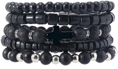 Eigso 6 Pcs Black Alloy Cross Armbänder Armreifen für Frauen Männer Lava Rock Mode Perlen Stein Armbänder für Frau Mann