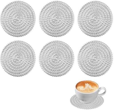 Set de 6 Dessous de Verre Ronds en PVC 10 cm, sous Verre Argent avec Design Épi de Blé, sous-Verres Antidérapants, sous Bock Idéal pour Tasses, Verres et Décoration, Dessous de Verre sans BPA