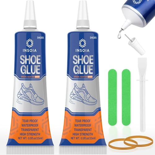 INSOIA Shoe Glue Sole Repair Kit, Heavy Duty Shoe Adhesive, Waterproof, Flexible, Clear-Drying for Sneakers, Boots, Leather, Rubber, Canvas and More - Dries Within 24 Hrs, 2 x 15 ML / 0.5 oz, 15ml x 2