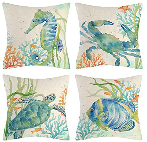 Vgzsyomqib Koralle Meerestiere Muster Kissenbezug Quadratisch Leinen Sofakissen Kissenbezüge 40x40 Meer Fisch Dekokissen Zierkissen 4er Set Deko Kissenhülle für Sofa Couch Outdoor Wohnzimmer