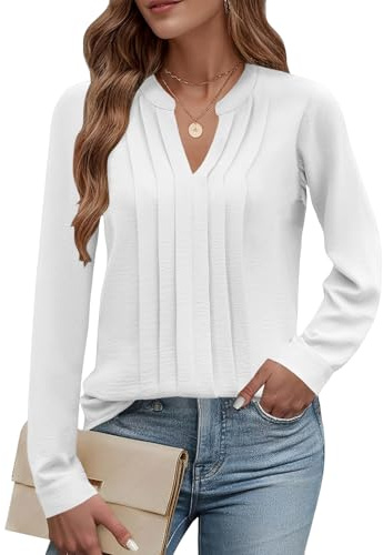 Cuptacc Women Blouses Long Sleeve V Neck Tops Elegant Business Outfits | Fall,Spring,Elegant,Dressy,Casual,Fashion,Business,Work,Outfit,Pleated,Chiffon,Going Out,Loose,Chic,Basic