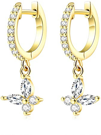 Lirzxin Orecchini Donna Oro 14K 585, Orecchino Pendente Donna Cerchio con Moissanite A Farfalla Piercing Orecchini Oro Giallo