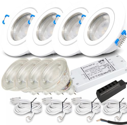 Rolux LED Einbaustrahler 4er Set – 12V, 3W, Warmweiß (250 lm) – IP44 Feuchtraum geeignet – Inkl. Trafo, AMP Kabel (120 cm) & 6-fach Verteiler – Ideal für Bad, Küche, Dusche & Außenbereich – Weiß