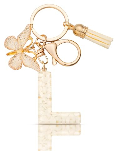 MORSUNBELA Schlüsselanhänger Buchstabe Mädchen Geschenke Schlüsselanhänger mit Buchstaben Anfangsbuchstabe Schmetterling Keychain Letter für Frauen Damen Beige L