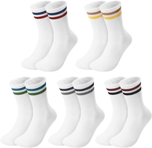Kotashion 5 Pairs Mens Socks, Unisex Striped Crew Socks Sports 6-11 | Cotton Blend Moisture-Wicking Breathable Stretch Elastic Sports Socks for Running Hiking Training Casual Leisure