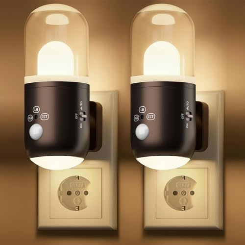 SuglanBee Nachtlicht Steckdose mit Bewegungsmelder & Dämmerungssensor | 3 Farbtemperaturen,RGB 8 Modi ,5 Helligkeitsstufen (20-240 LM) für Flur Treppe Schlafzimmer Wohnzimmer(Kaffee 2Stück)