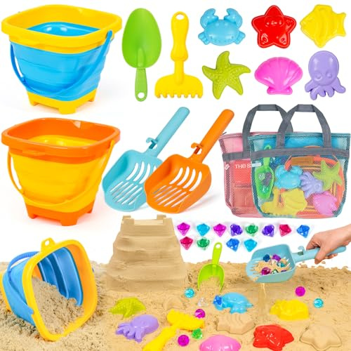 Beach Sand Toy for Kids 3-10 with Collapsible Bucket Toddler Shell Mesh Bag
