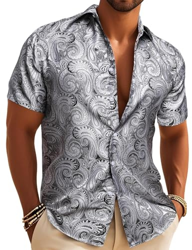 Barry.Wang Men's Silk Paisley Short Sleeve Button Down Shirts Disco Mexico | Designer Vintage Floral Jacquard,Luxury Classic 70s,Casual,Business,Button Up Fancy Dress,Lightweight,Untucked,Wedding,Party
