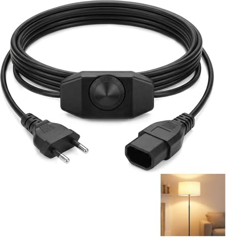 Effizientes 2 Meter LED Dimmer Kabel mit Schalter, Euro Flachstecker für LED Leuchtmittel, Stufenloser Schnurdimmer für Stehlampen, Lampenkabel mit Dimmer Schalter, 220–250V/100W, Schwarz (2m)