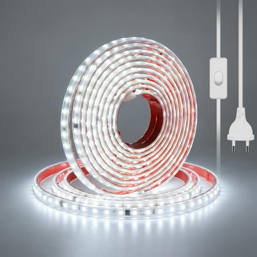 Hmuaog 2M Ruban LED 230V Kaltweiß Selbstklebend, SMD 2835 120 LEDs/m, 230V LED Strip für Küche & Werkstatt, IP67 Wasserfest Lichtband (Kaltweiß, 2 m)