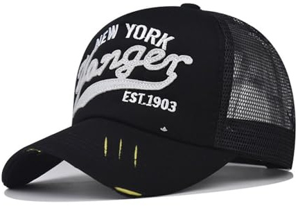URTAODFE Retro New York Script Stickerei Mesh Trucker Hut Distressed Washed Cotton Baseball Cap Ripped Curved Brim Outdoor Sun Hat, Schwarz , L