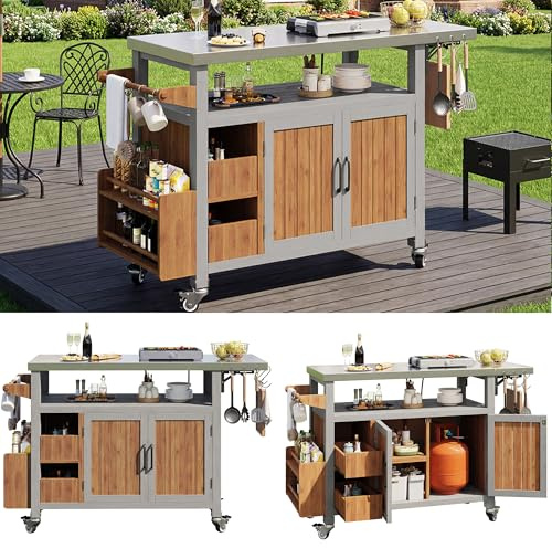 kozamas Wetterfester Gartenschrank mit Rollen & ausziehbarer Edelstahl-Arbeitsplatte – BBQ Servierwagen aus Massivholz für Terrasse, Balkon und Garten, 100 kg belastbar