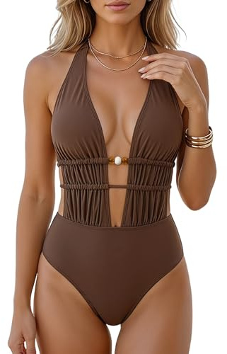JTSONN Maillot de Bain Femme Une Pièce Gainant Ventre Plat Push Up Taille Sculptante Décolleté V Froncé Sensuelle Dos Nu Laçage Mode Plage Marron Swimsuit