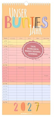 Familienplaner Unser buntes Jahr 2027: bunter Familienkalender 20x45 cm mit 5 Spalten, Feiertagen, Mondphasen, ideal für Familienorganisation