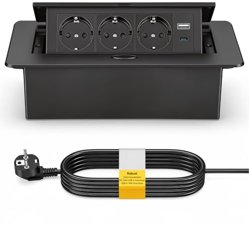 Enchufe Empotrable Mesa, Regleta Empotrable Base Múltiple Retráctil para Escritorio/Mesa Toma Empotrada con 3 Tomas Schuko + 2 USB (1 Tipo A + 1 Tipo C), Cable de 1,8 m, Negro